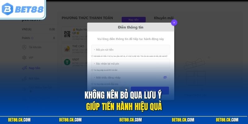 Lưu ý khi nạp tiền Bet88